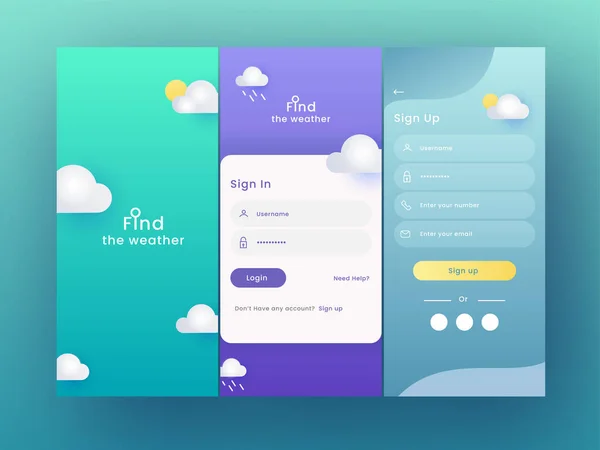 サインイン モバイルアプリケーションへのサインアップ レスポンシブWebサイトなどのUi Gui画面天気アプリのセット — ストックベクタ
