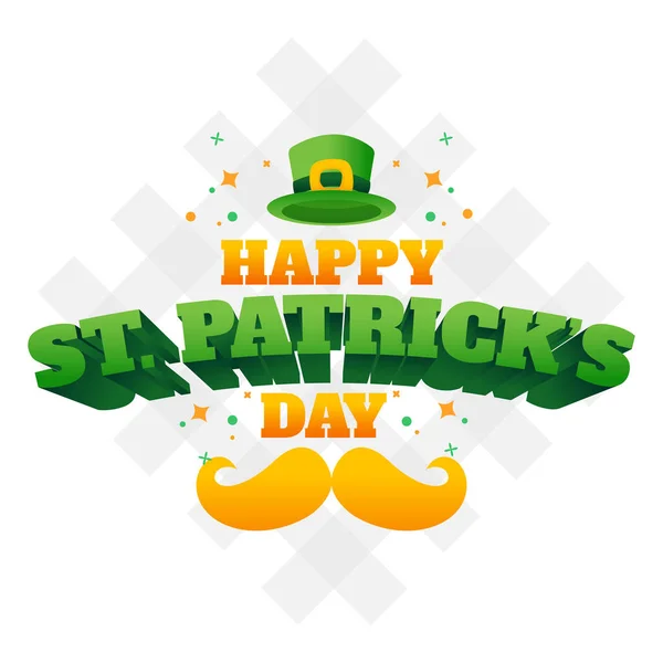 Gelukkige Patrick Day Tekst Met Snor Kabouter Hoed Witte Achtergrond — Stockvector