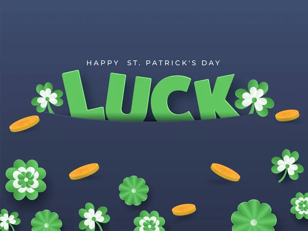 Paper Cut Luck Text Flowers Shamrock Leaves Golden Coins Decorated — 스톡 벡터