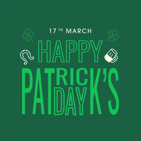 Března Happy Patrick Day Text Line Art Clover Leaves Horseshoe — Stockový vektor