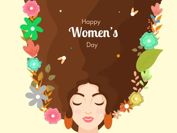 Hermosa Cara Femenina Con Cabello Largo Decorado Con Flores Sobre — Vector de stock