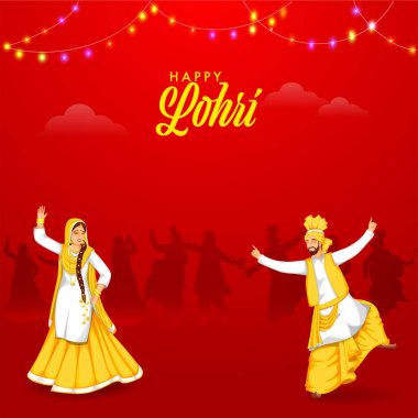 Mutlu Lohri Kutlama Konsepti için Kırmızı Arkaplanda Bhangra dansı yapan Punjabi halkının tasviri.