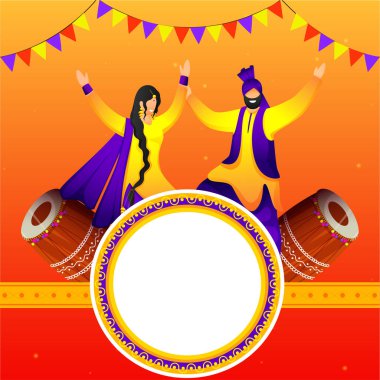 Boş Çerçeve Çizgi Film Pencap Çifti Bhangra Dansı ve Turuncu Arkaplanda Dhol Aletleri Yapıyor.