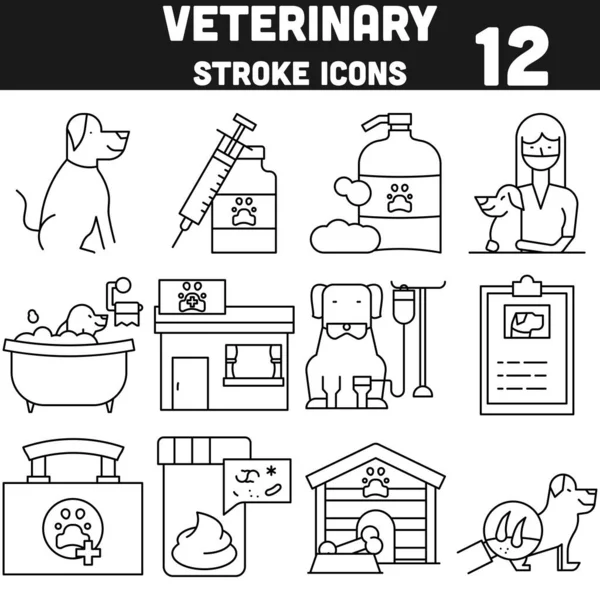 Linea Nera Art Veterinary Icon Set Sfondo Bianco — Vettoriale Stock