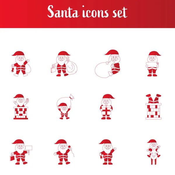 Kerstman Icoon Set Wit Rode Kleur — Stockvector