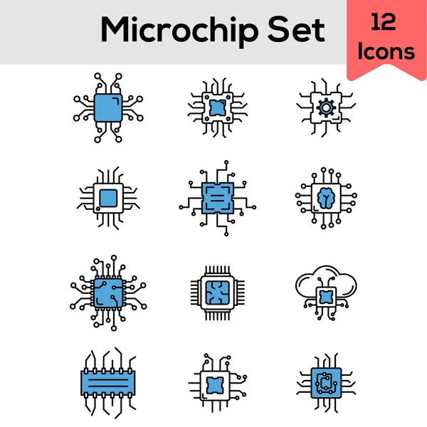 Set Iconos Microchip Estilo Plano Color Azul Blanco — Archivo Imágenes Vectoriales