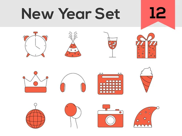 Flat Style New Year Icon Set Orange White Color — Stock Vector