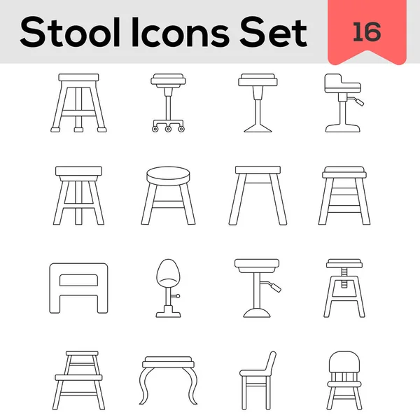 Set Taburete Silla Icono Arte Línea Negro — Vector de stock