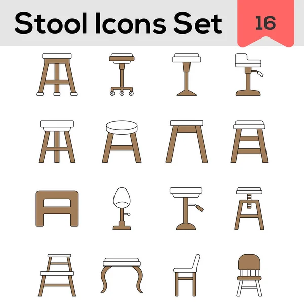 Set Taburete Silla Icono Color Marrón Blanco — Vector de stock