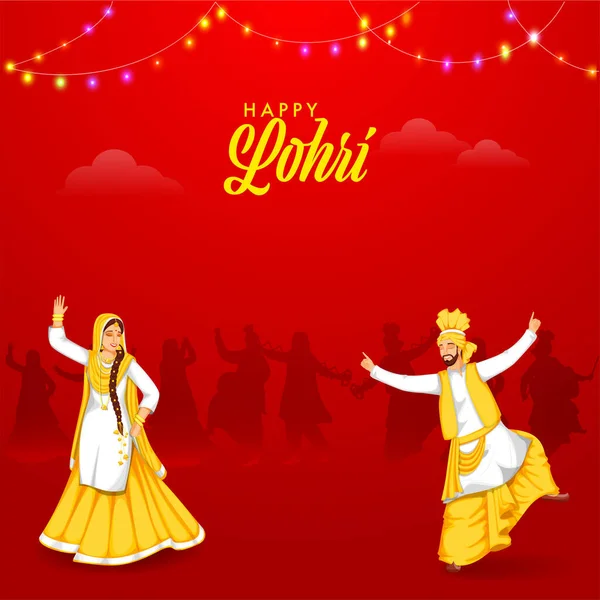 Punjabi People Doing Bhangra Dance Red Background Happy Lohri Celebration — 스톡 벡터