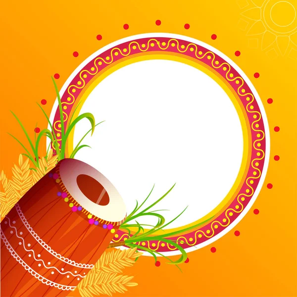 Empty Circular Frame Dhol Instrument Wheat Ear Sugarcane Orange Background — Stock Vector