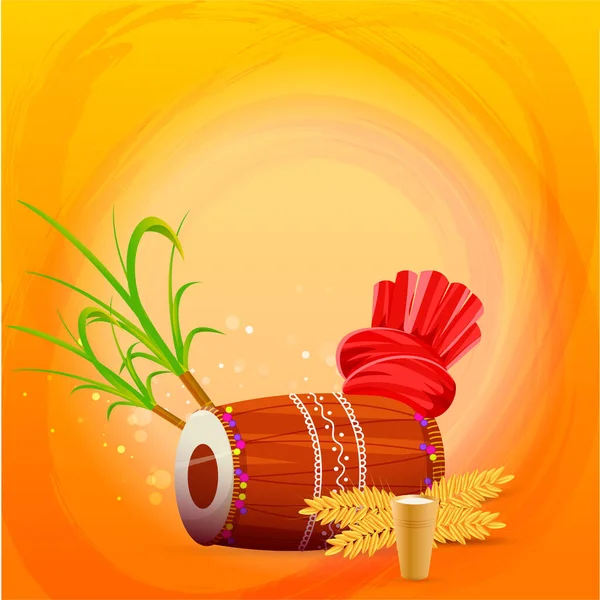 Illustration Dhol Instrument Red Turban Pagdi Wheat Ear Sugarcane Lassi — стоковый вектор