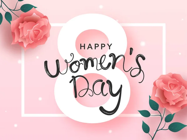 Happy Women Day Font White Numero Con Fiori Rosa Lucidi — Vettoriale Stock