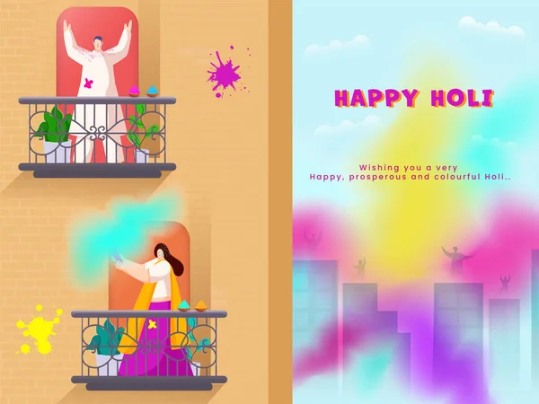 Happy Holi Celebration Hintergrund Mit Indianern Die Farben Auf Ihren — Stockvektor