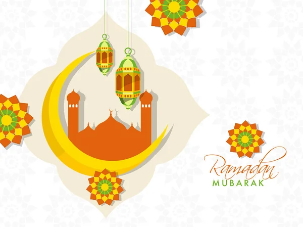 Concepto Ramadán Mubarak Con Luna Creciente Mezquita Linternas Colgantes Sobre — Vector de stock
