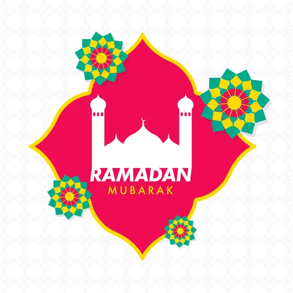 Ramadan Mubarak Testo Con Silhouette Moschea Floreale Sfondo Rosa Bianco — Vettoriale Stock