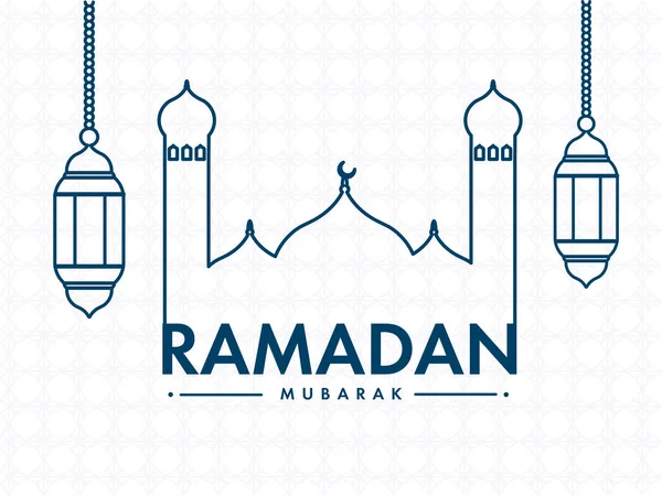 Ramadan Mubarak Texto Con Línea Azul Mezquita Arte Linternas Colgantes — Vector de stock