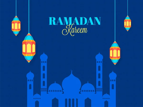 Ramadan Kareem Testo Con Moschea Lanterne Arabe Appese Sfondo Blu — Vettoriale Stock