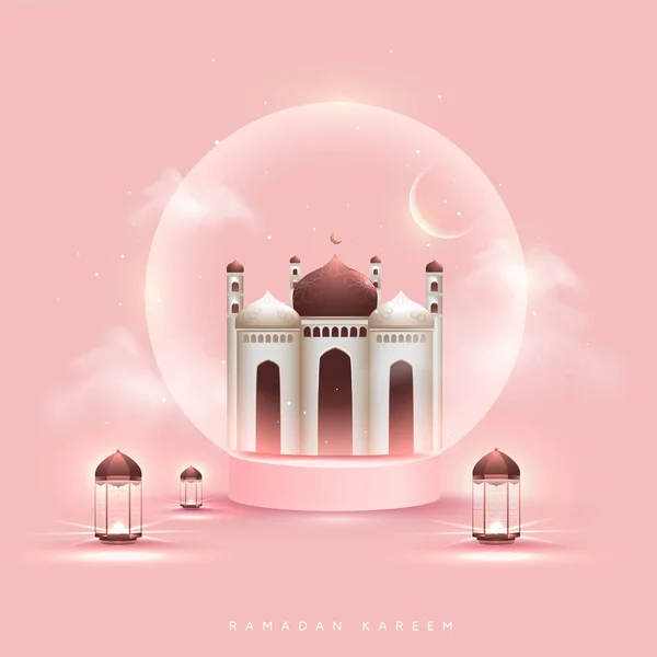 Kitűnő Mecset Félhold Belsejében Üveg Globe Megvilágított Lámpák Rózsaszín Alapon — Stock Vector