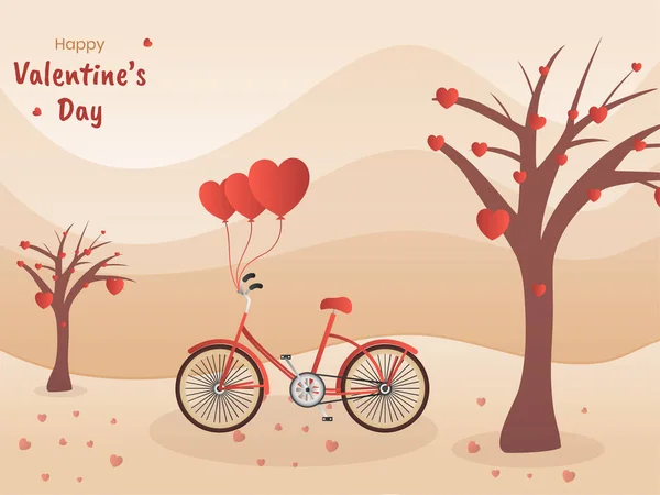 ハッピーバレンタインデーのお祝いのための桃の背景にハートバルーンと愛の木を持つ自転車のイラスト — ストックベクタ