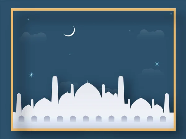 Illustration White Mosque Crescent Moon Starlight Blue Background — стоковый вектор