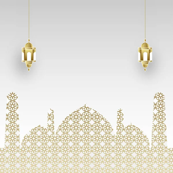 Gouden Islamitische Patroon Moskee Met Hangende Lantaarns Grijze Achtergrond — Stockvector