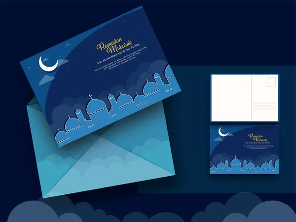 Ramadan Mubarak Biglietto Auguri Lettera Con Busta Sfondo Blu — Vettoriale Stock