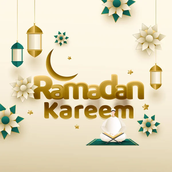 Hnědý Ramadán Kareem Text Půlměsícem Visící Lucerny Karikatura Muslim Muž — Stockový vektor
