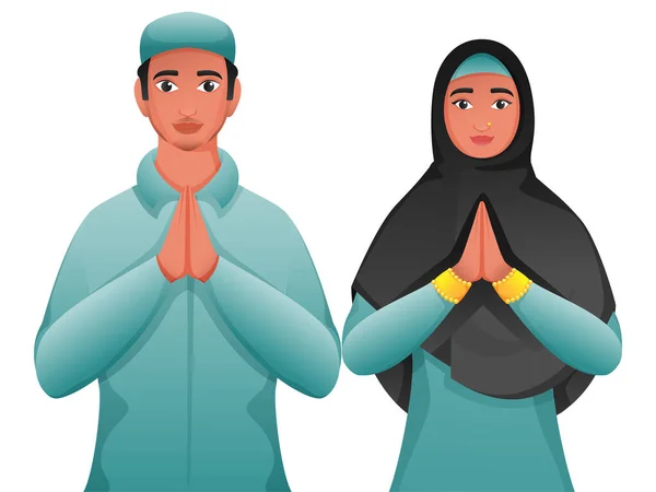 Young Muslim Man Woman Doing Namaste Welcome White Background — Stock Vector