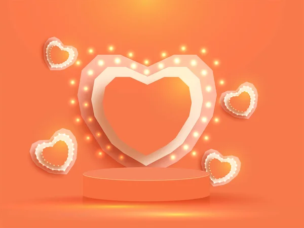 Sevgililer Günü Kutlamaları Için Turuncu Arkaplandaki Işıklarla Süslenmiş Kağıt Tabaka — Stok Vektör