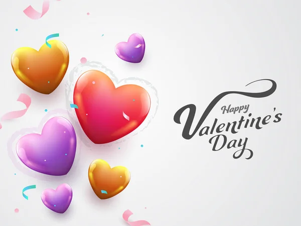 Gelukkige Valentijnsdag Lettertype Met Uitzicht Kleurrijke Glanzende Harten Witte Achtergrond — Stockvector