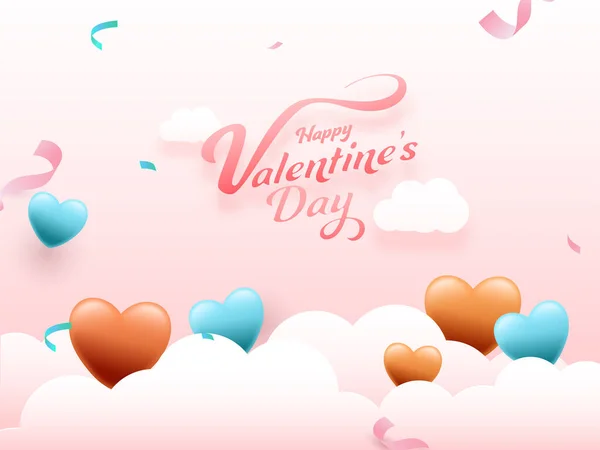 Buon San Valentino Font Con Cuori Lucidi Nastro Confetti Decorato — Vettoriale Stock