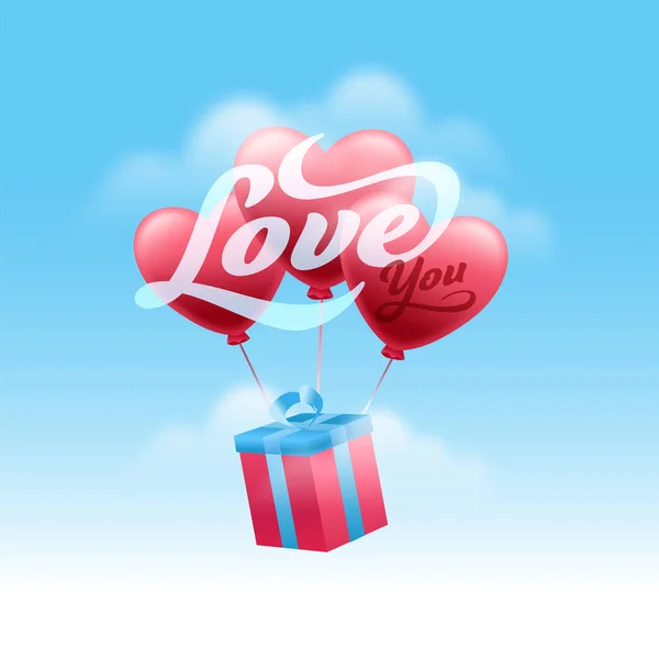 Love You Wiadomość Czcionka Gift Box Heart Balloons Glossy Sky — Wektor stockowy