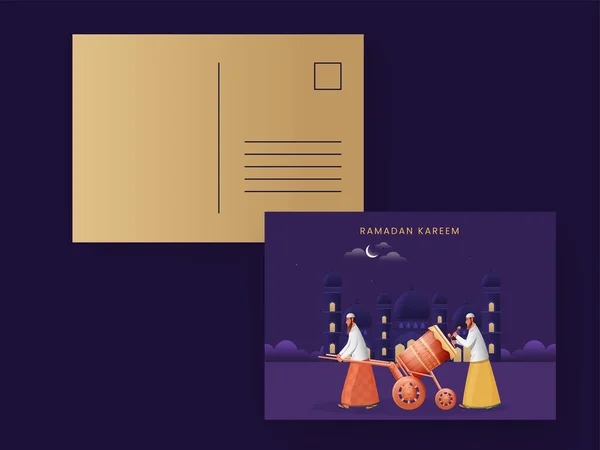 Tarjeta Felicitación Ramadán Kareem Con Sobre Color Dorado Púrpura — Vector de stock