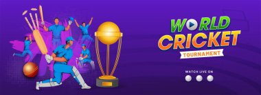 Kriket Oyuncularının Dünya Kriket Turnuvası Konsepti İçin Altın Kupa Poz Vermelerinin İllüstrasyonu. Başlık veya Bayrak Tasarımı.