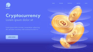 Mavi Arkaplanda 3 boyutlu altın Bitcoin içeren Kripto Para Birimi Temelli İniş Sayfası.
