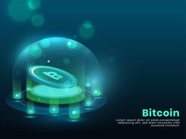 Kripto Para Birimi Konsepti için Mavi Arkaplanda Gelişen Dijital Işıklar Arasında 3B Bitcoin.