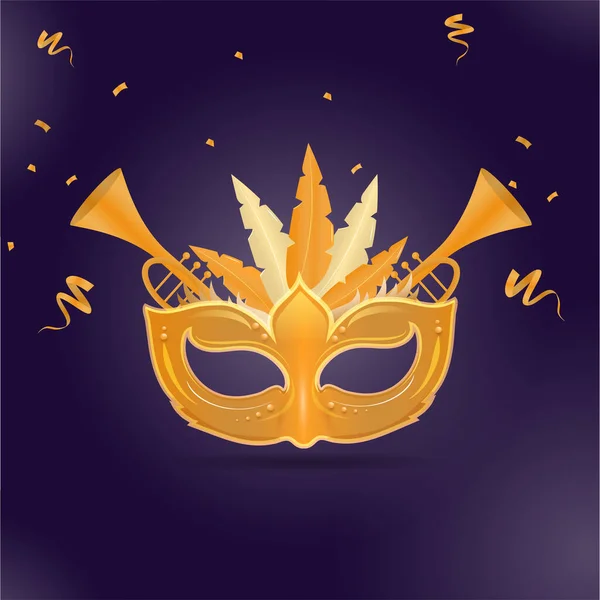 Golden Carnival Mask Trumpet Instruments Confetti Ribbon Purple Background — стоковий вектор