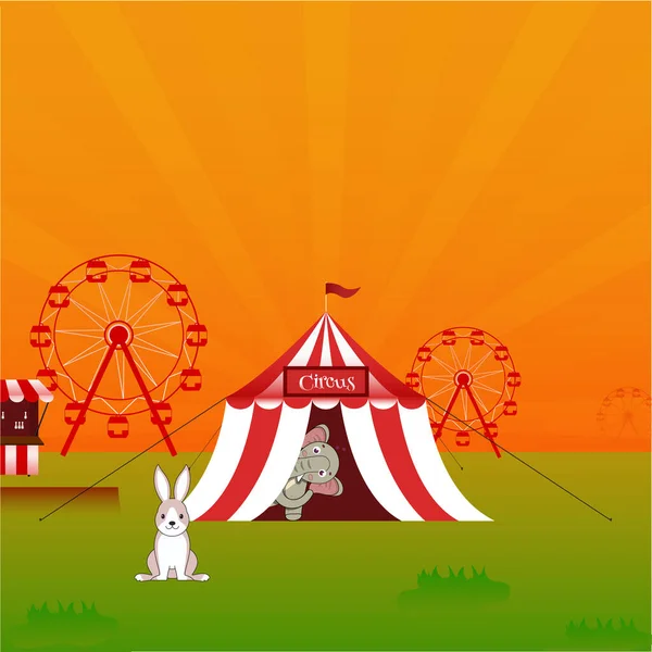 Ilustração Elefante Barraca Circo Com Coelho Roda Gigante Fundo Alaranjado — Vetor de Stock
