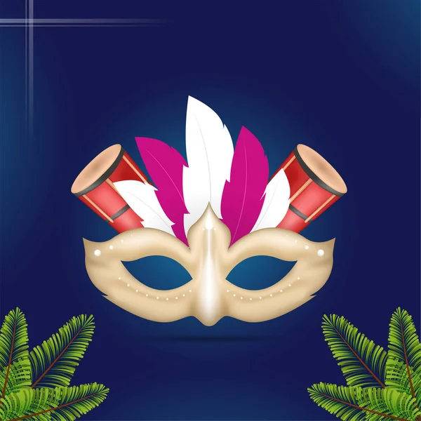 Illustration Carnival Mask Wih Conga Drum Instruments Spruce Leaves Blue — 스톡 벡터