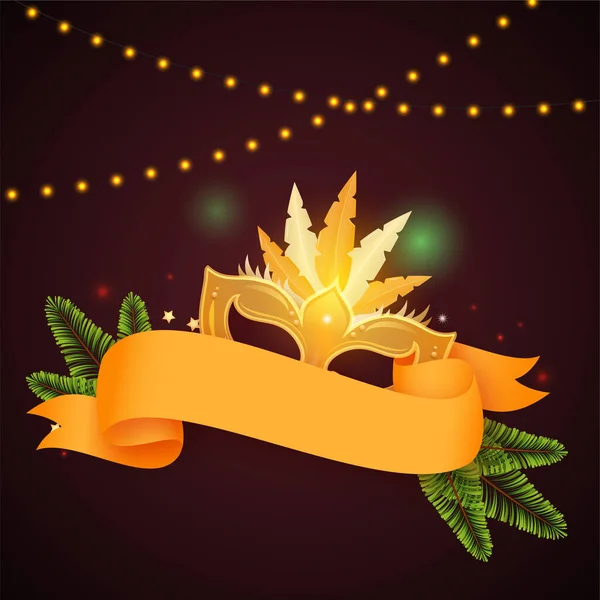 Golden Party Mask Spruce Leaves Ribbon Lighting Garland Decorated Brown — Stock Vector