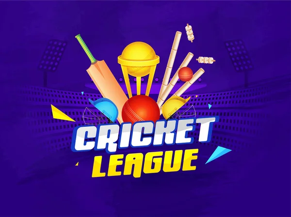 Cricket League Concept Met Realistische Uitrusting Gouden Beker Trofee Violet — Stockvector