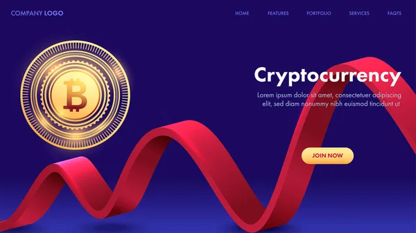 Kryptowaluta Landing Page Lub Szablon Sieci Web Złotym Bitcoinem Czerwoną — Wektor stockowy