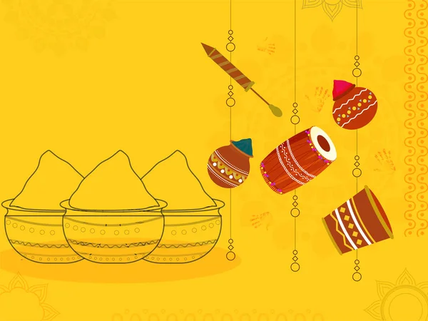 黄色背景下的水枪 Pichkari 泥盆和圆筒 Drum 配色线艺术碗 — 图库矢量图片