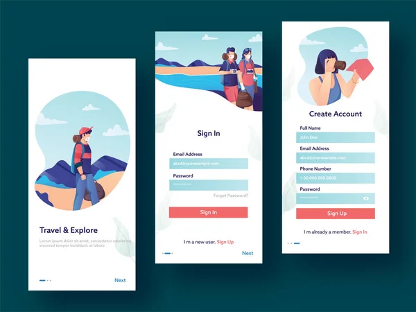 Mobile App Gui Set User Registration Travel Explore Screen Mit — Stockvektor