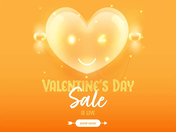 Valentine Day Sale Poster Design Glossy Smiley Heart Orange Background — Stock Vector