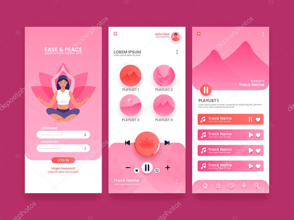 Ease & Peace Meditation Music App Walkthrough Screens Template Layout On Pink Background.