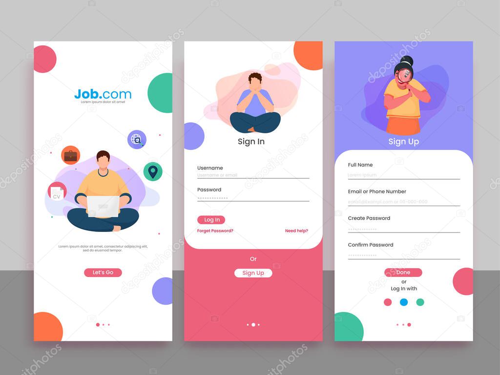 Set Of UI, UX, GUI Screens Job Recruitment App Including Create Account, Sign In, Sign Up For Mobile Application Or Responsive Website.