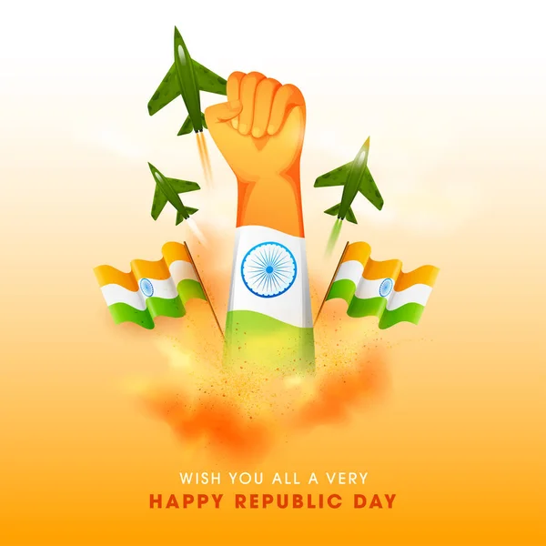 手で幸せな共和国の日の概念は 白と黄色の背景にインドの旗 戦闘機のジェットを立ち上がります — ストックベクタ
