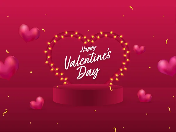 Happy Valentines Day Font Heart Shape Lighting Garland Podium Dark — 스톡 벡터